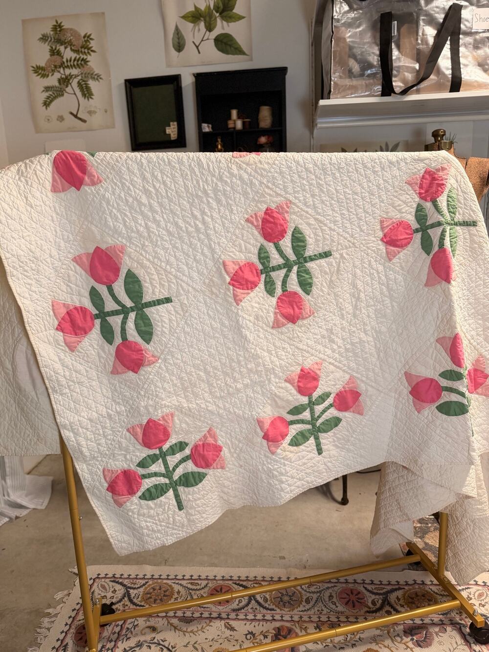Vintage Handmade  Hand Sewn Quilt Pink Floral Applique Cottagecore Romantic